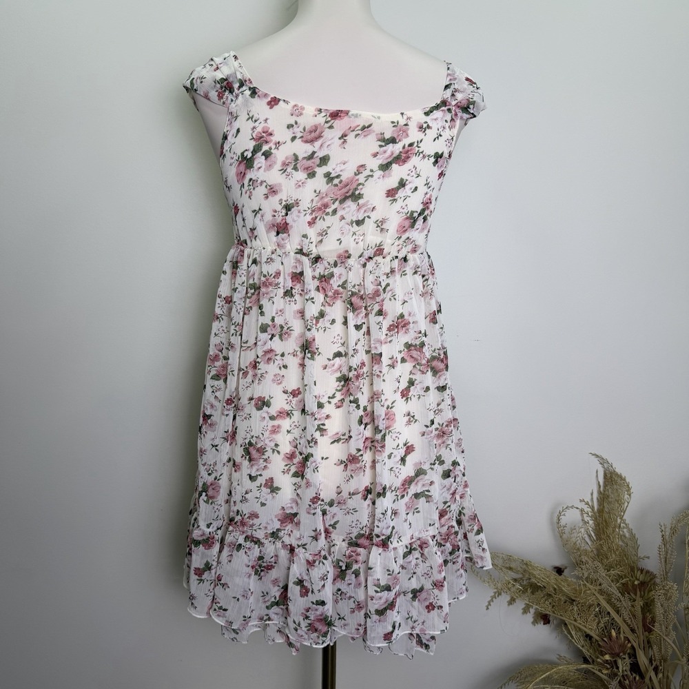 CottageCore Dress Size Small Floral Sweetheart Tie-Front Mini Dress Cream Pink - Picture 5 of 7